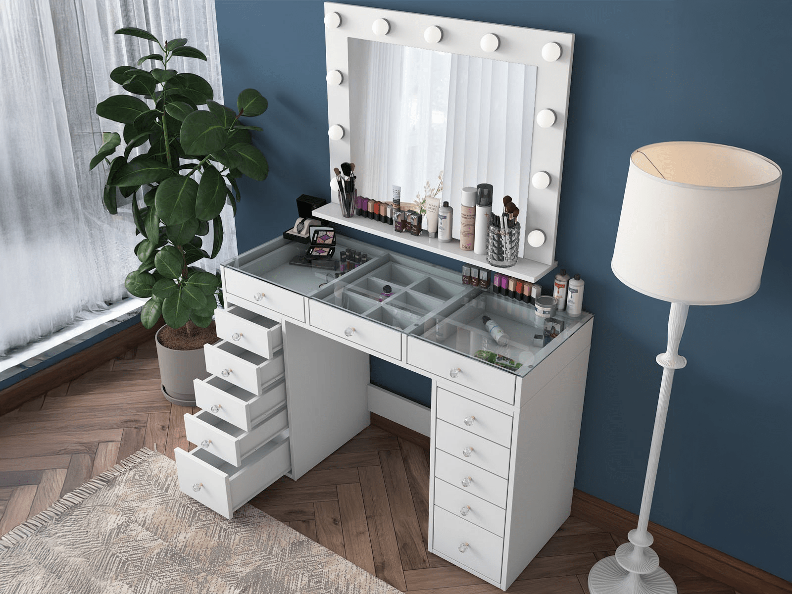 Make-up tafel JESSIE DELUXE 13 lades wit met spiegel