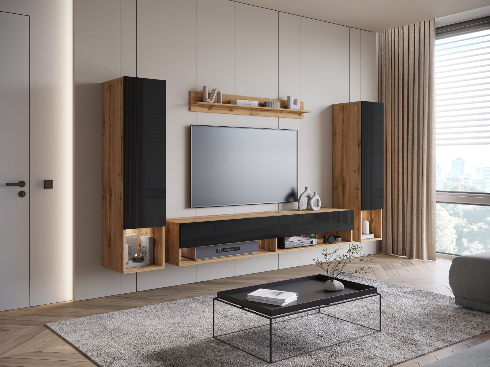 Tv-meubel set AMADEUS 4 deuren wotan eik/hoogglans zwart met led