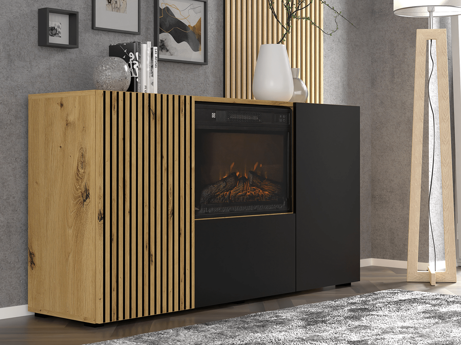 Dressoir ORISA 3 deuren artisan eik/zwart met haard