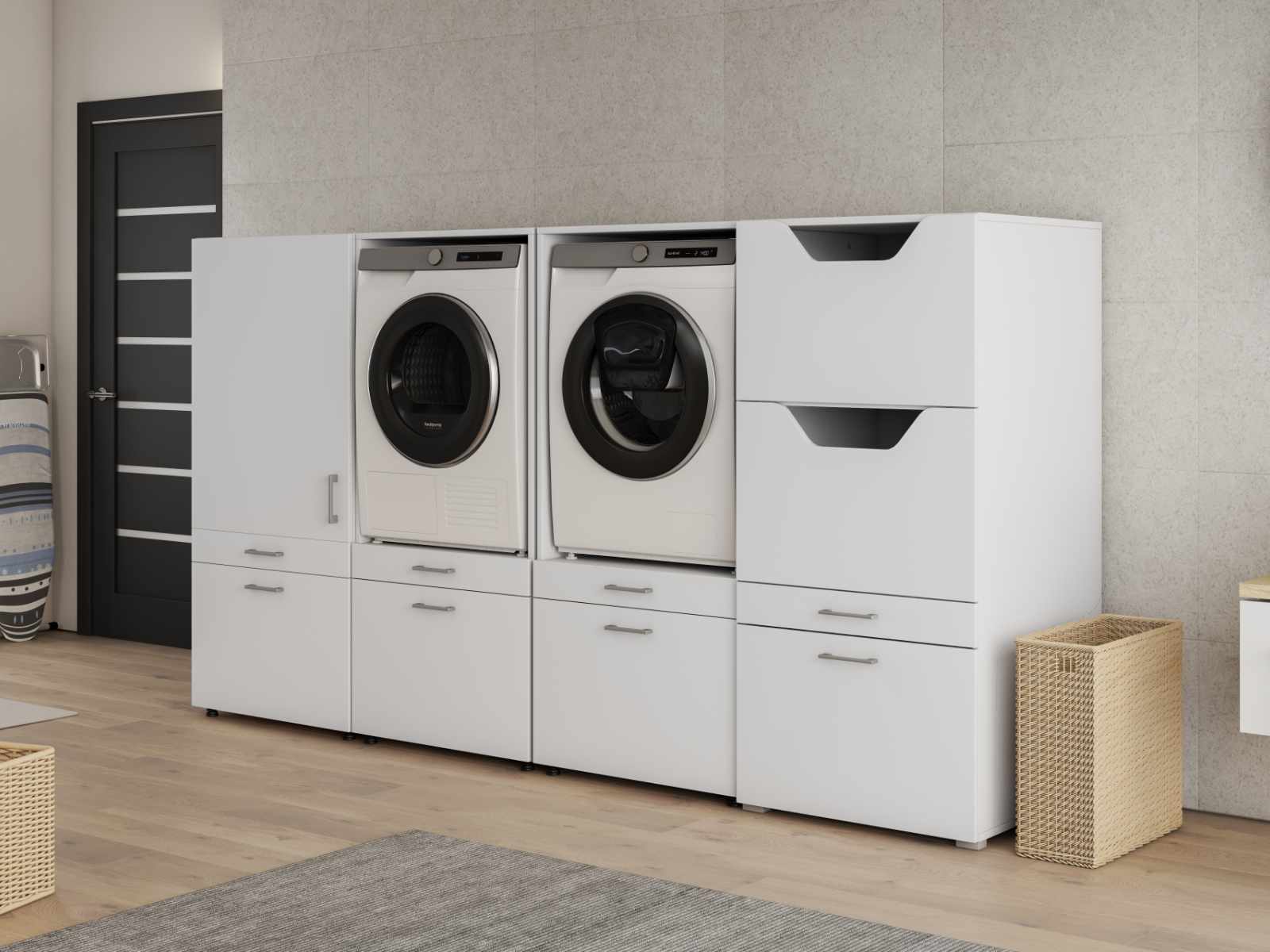 Kast WASHING 2 machines met kast 1 deur 2 lades en kast voor wasgoed MEDIUM wit