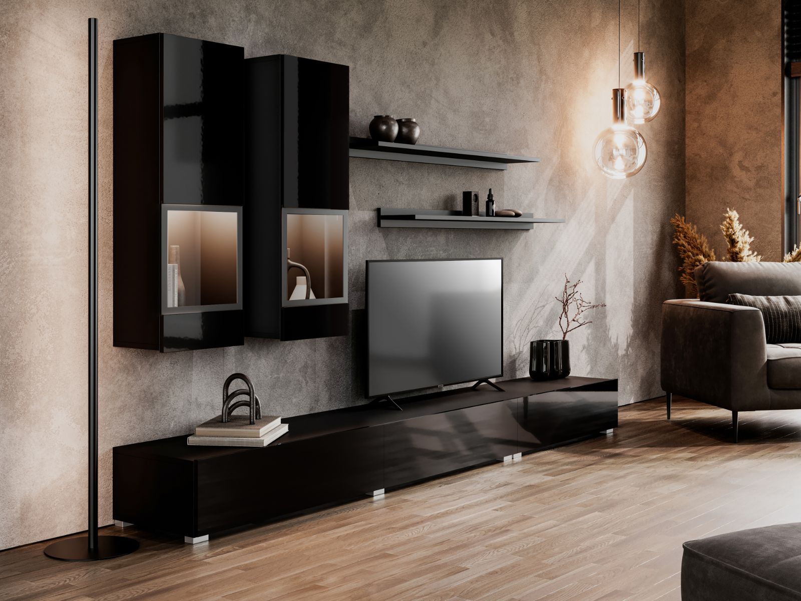 Tv-meubel set BABEL 5 deuren hoogglans zwart/zwart met verlichting