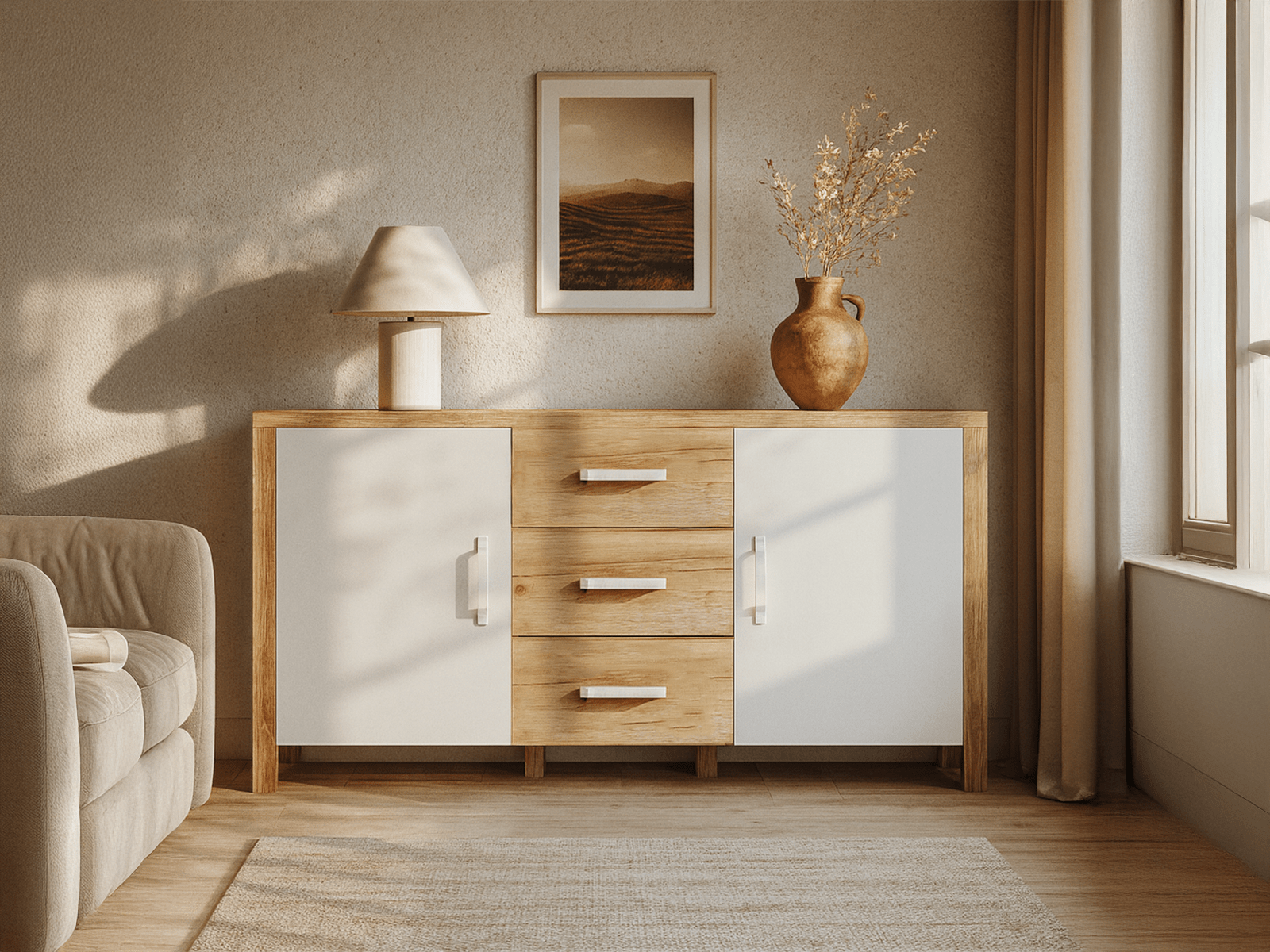 Dressoir OLIANNE 2 deuren 3 lades natuurlijke eik/wit