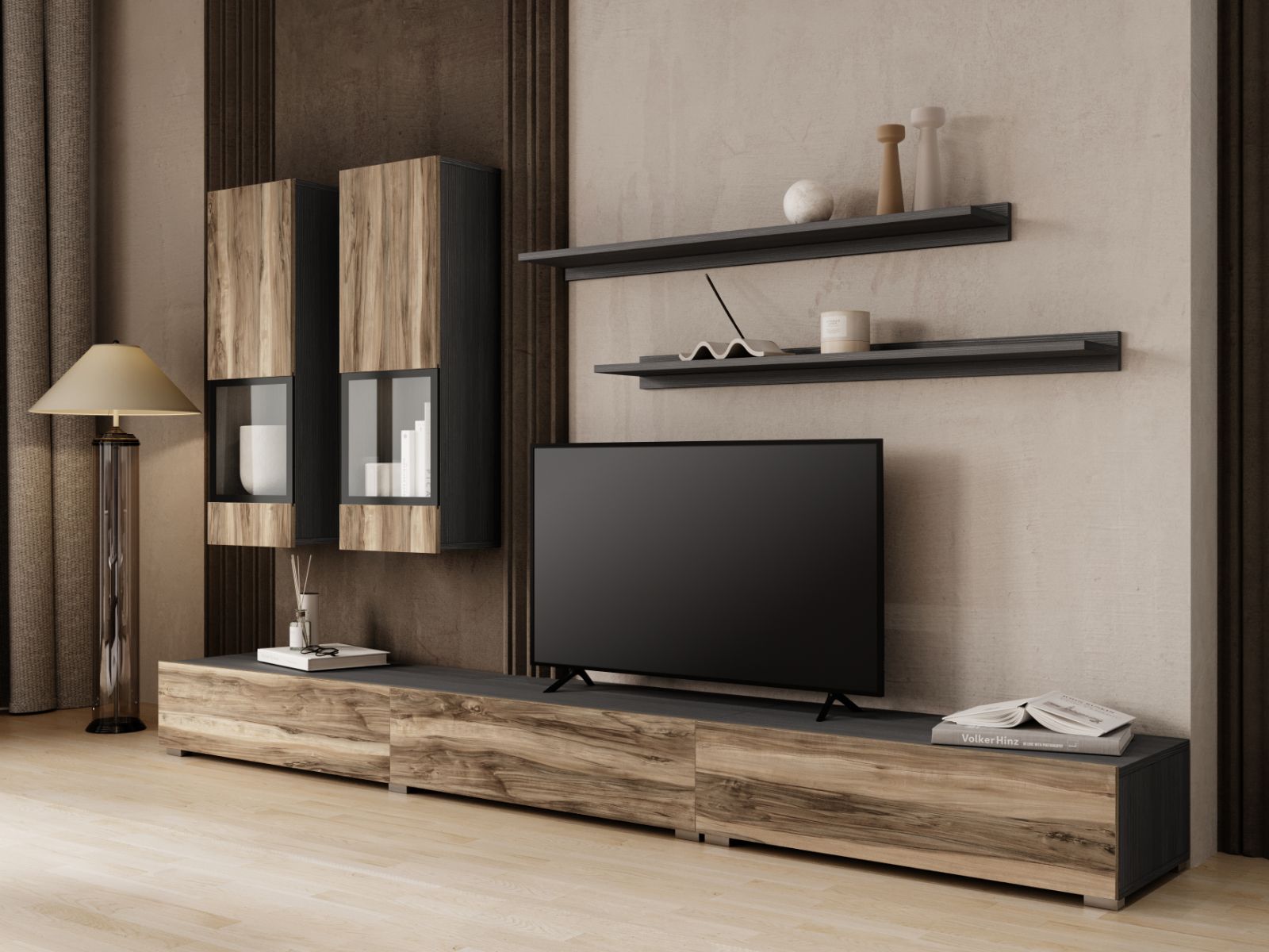 Tv-meubel set BABEL 5 deuren walnoot/grijs eik met verlichting