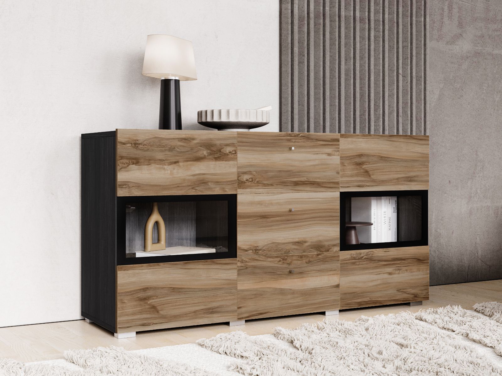 Commode BABEL 2 deuren en 3 lades walnoot/grijs eik