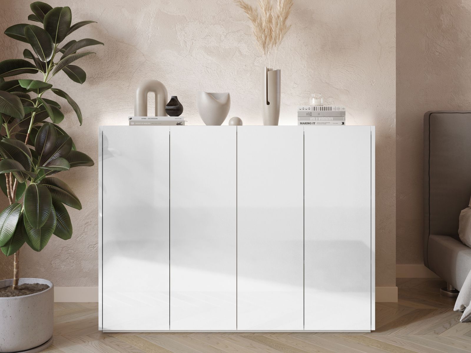 Schoenenkast PEASY 4 deuren hoogglans wit/scandinavische eik