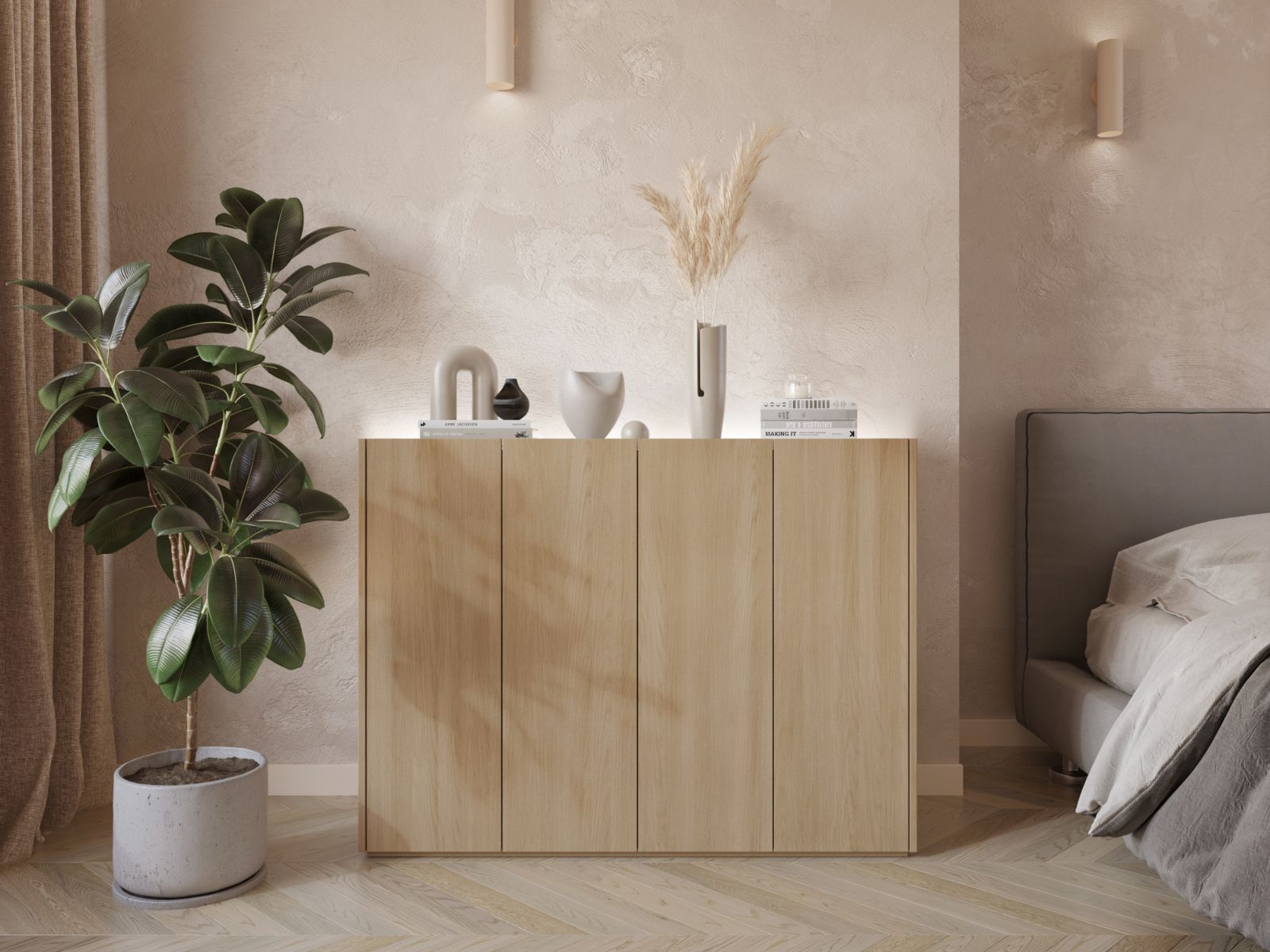 Schoenenkast PEASY 4 deuren scandinavische eik/hoogglans wit