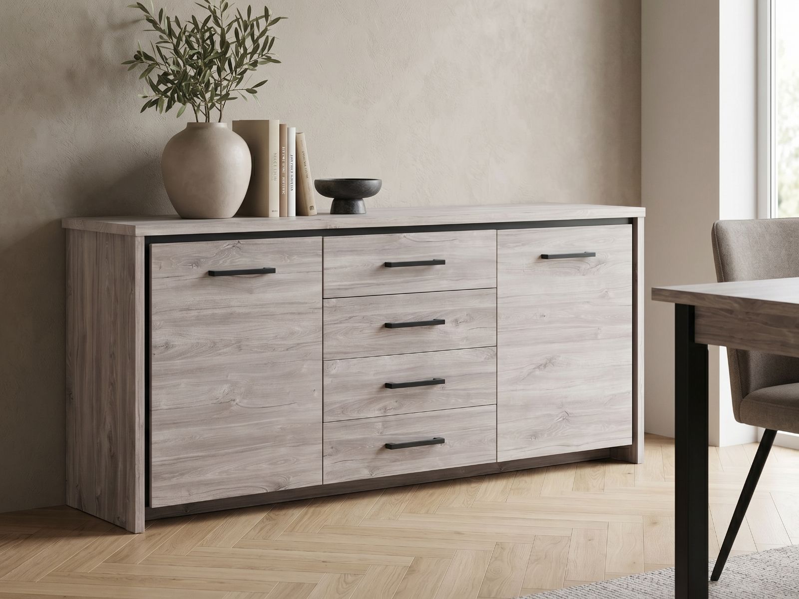 Dressoir ELINA 2 deuren 4 lades grijze eik