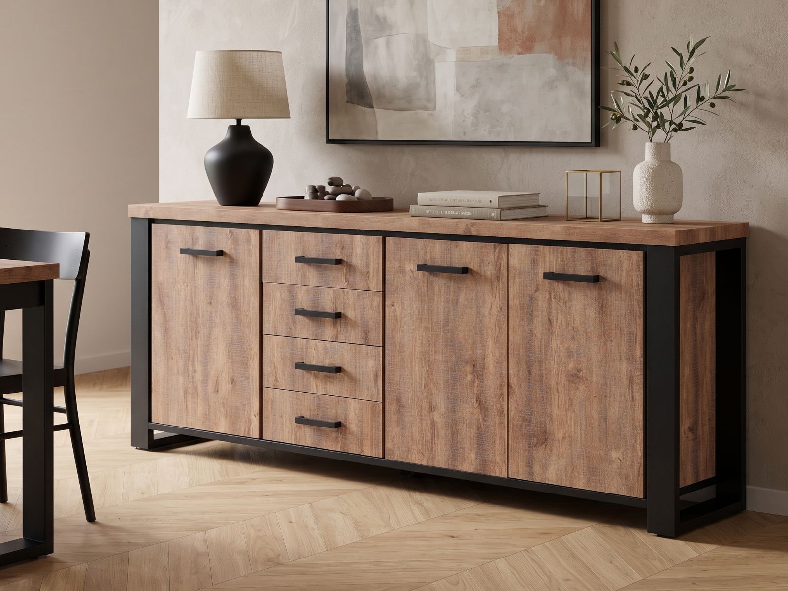 Dressoir ESTEBAN 3 deuren 4 lades industriële eik
