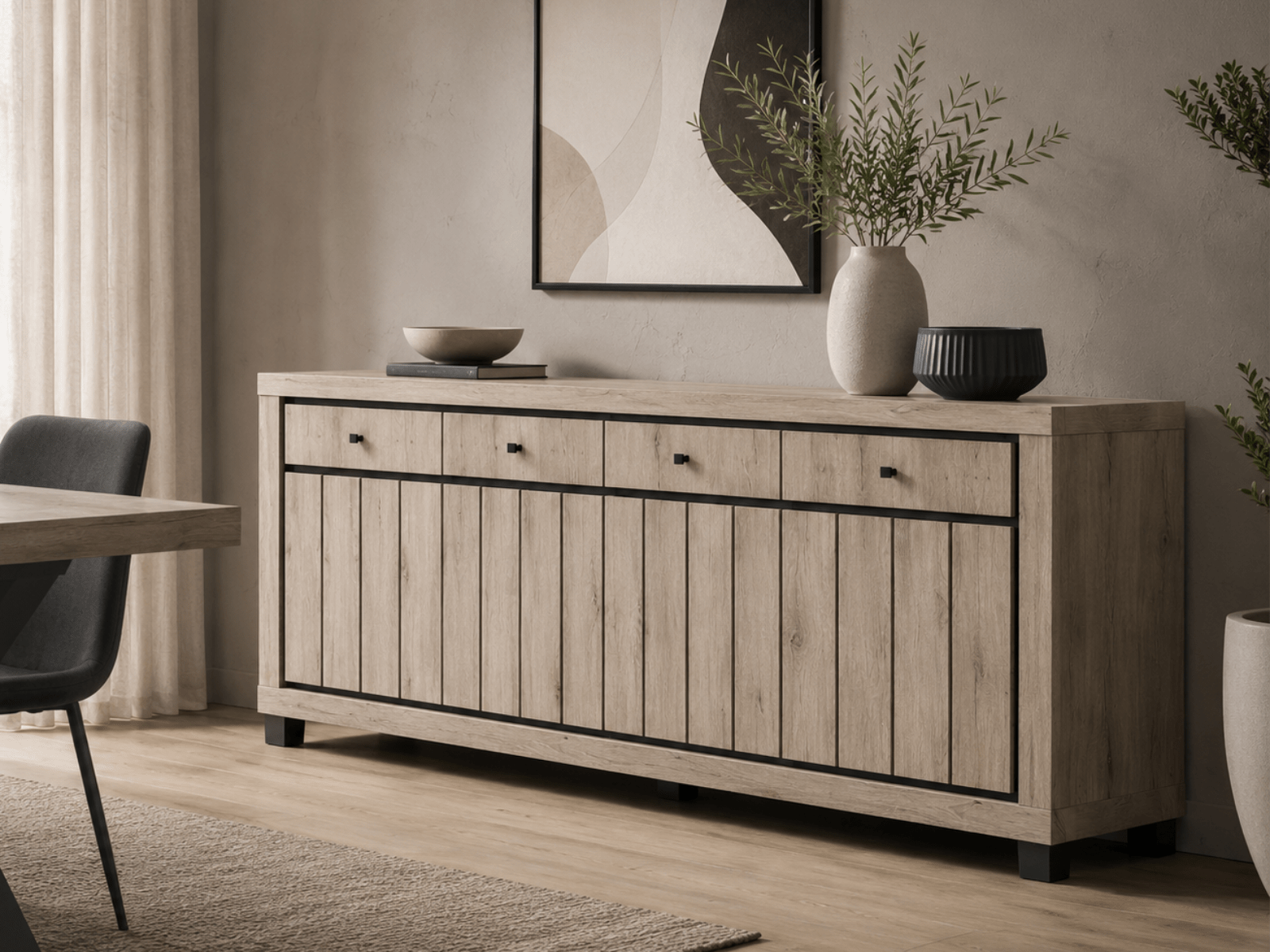 Dressoir ARCHIMEDE 4 deuren 4 lades eik naturel/zwart