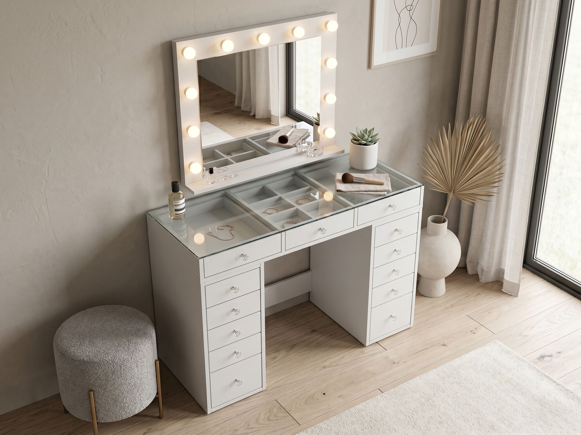 Make-up tafel JESSIE DELUXE 13 lades wit met spiegel