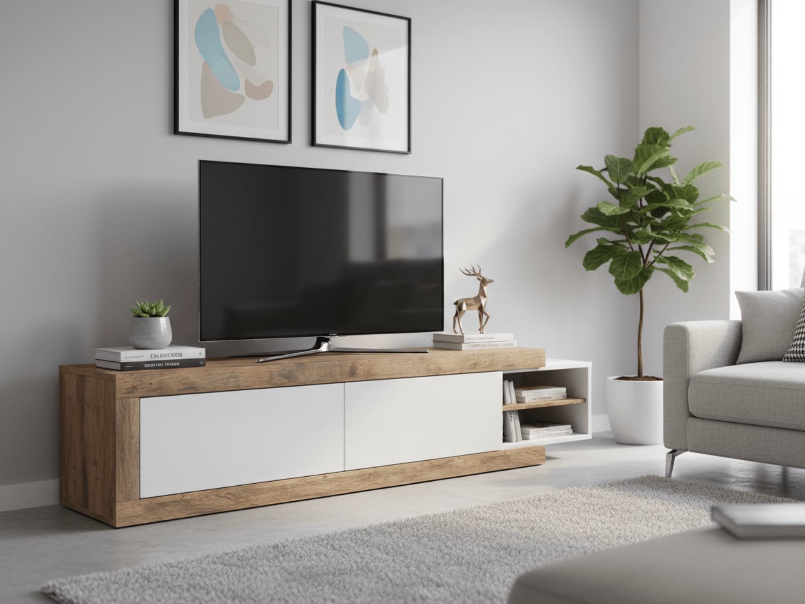 Tv-meubel SINO 2 deuren eik/hoogglans wit 