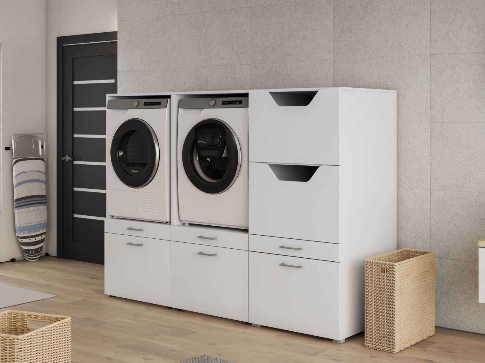Kast WASHING 2 machines naast elkaar met kast voor wasgoed  MEDIUM wit