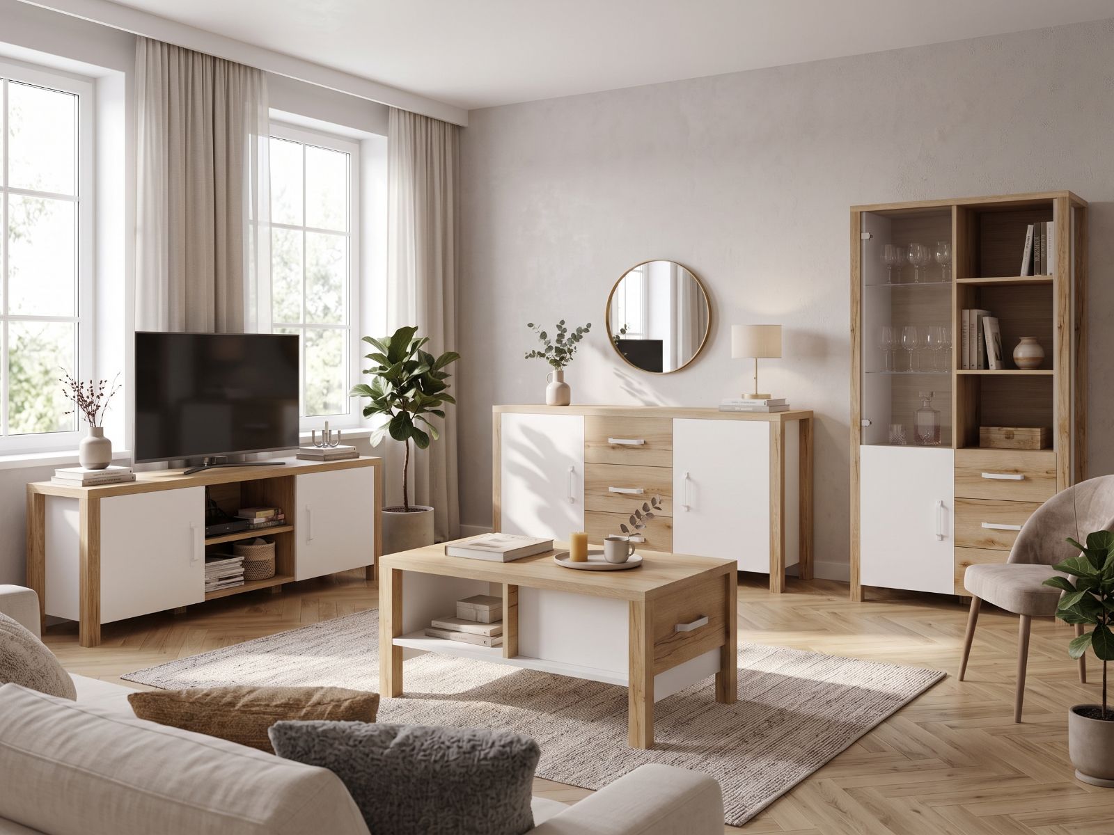 Complete woonkamerset OLIANNE naturel eik/wit