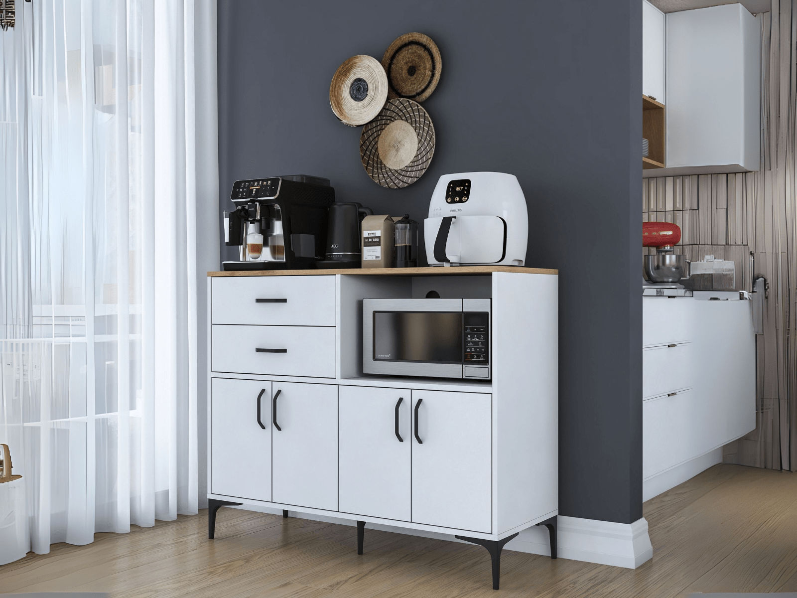Dressoir RAMSAY 4 deuren 2 lades wit/walnoot