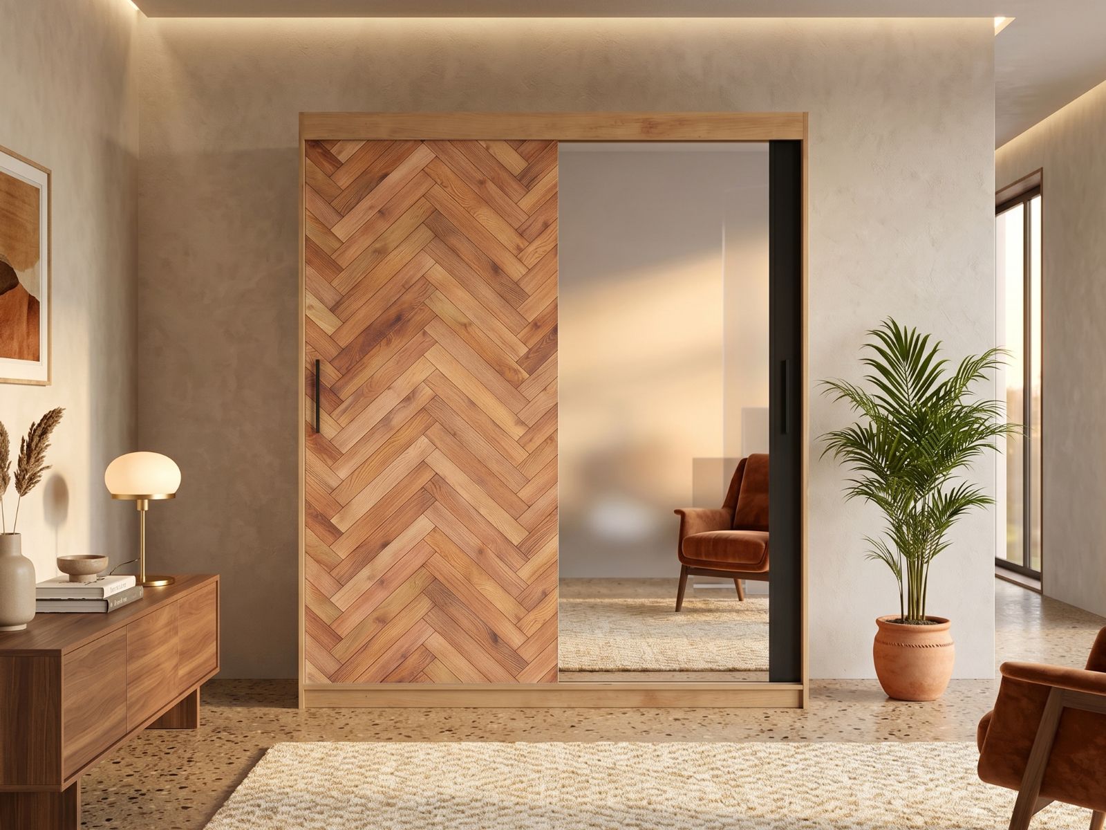 Kledingkast PARKIETO 2 schuifdeuren 150 cm artisan eik/mat zwart met spiegel