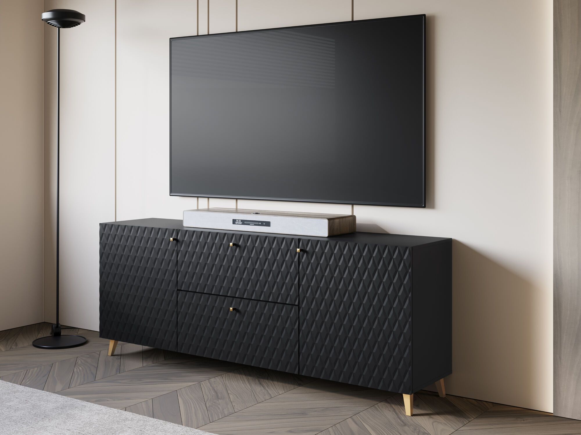 Tv-meubel FUKETTE 2 deuren 2 lades 180 cm grafiet/goud