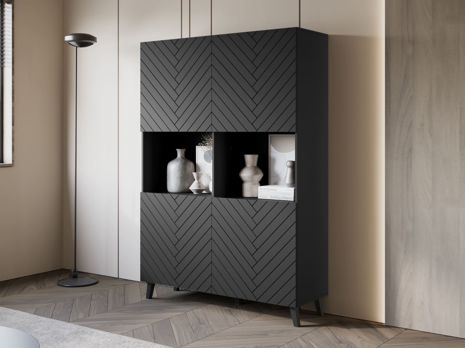 Hoge commode FUKETTE 4 deuren 120 cm grafiet/zwart