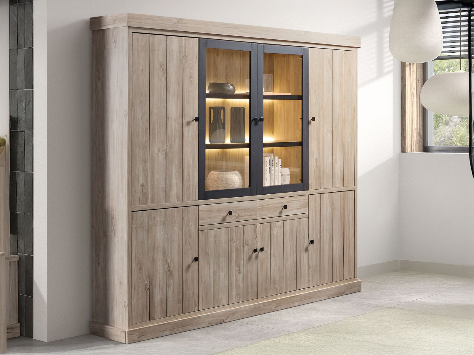 Vitrinekast TORYKA 8 deuren 2 lades strandeik met led