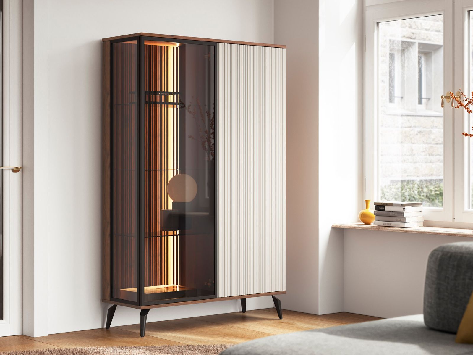 Vitrinekast VENRUTA 2 deuren warmia walnoot/kasjmier met led