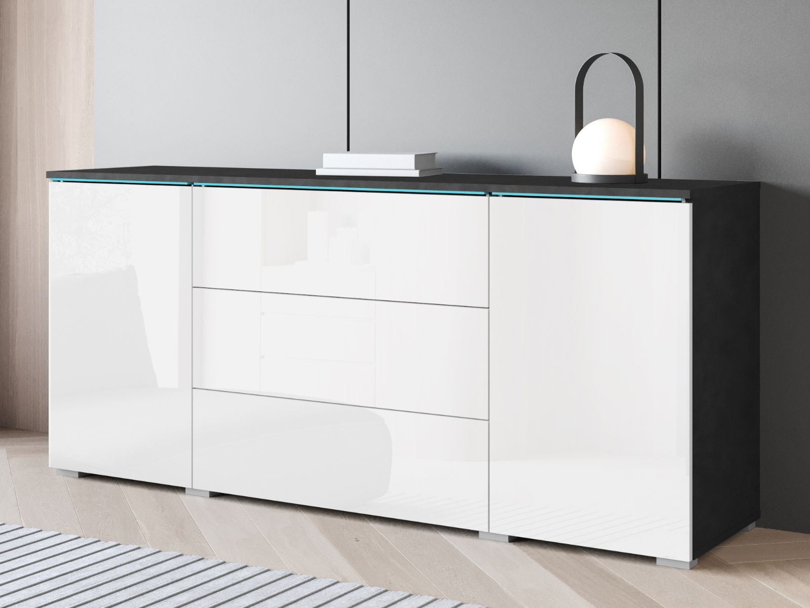 Dressoir VITTORIO 2 deuren 3 lades grafiet/hoogglans wit 