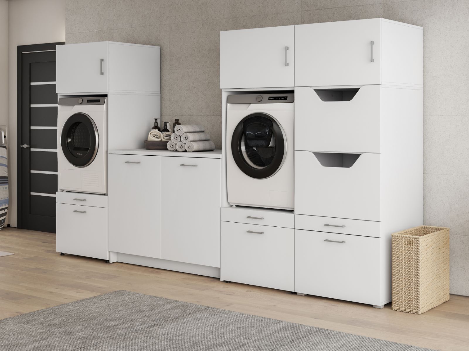 Kast WASHING 2 machines naast elkaar met kast voor wasgoed en kast met werkblad LARGE wit