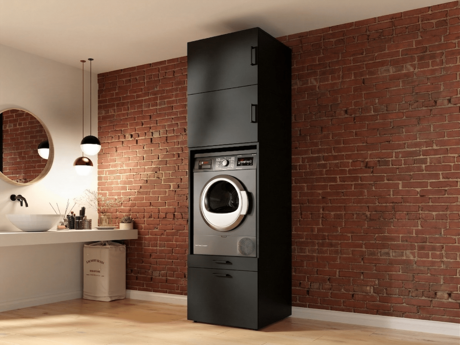 Kast WASHING 1 machine zwart met 2 opzetkasten