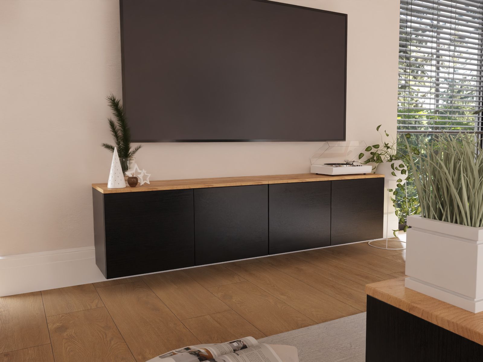 Tv-meubel LUCO 4 deuren 180 cm eik/mat zwart