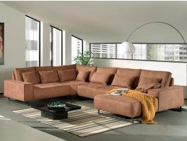 Panoramische zitbank NATHAN met longchair rechts stof “Zaria” lichtbruin