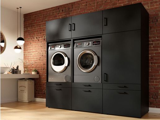 Kast WASHING 2 machines naast elkaar met kast 1 deur 2 lades zwart met 3 opzekasten