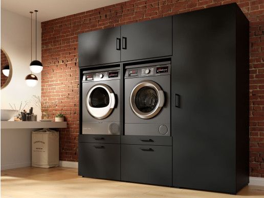Kast WASHING 2 machines naast elkaar met kast 1 deur zwart met 2 opzetkasten