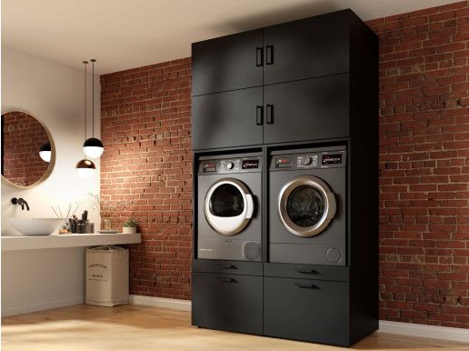 Kast WASHING 2 machines naast elkaar zwart met 4 opzetkasten