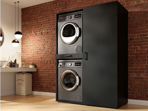 Kast WASHING 2 machines boven elkaar met kast 1 deur zwart