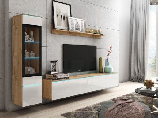 Tv-meubel set VITTORIO 4 deuren wotan eik/hoogglans wit