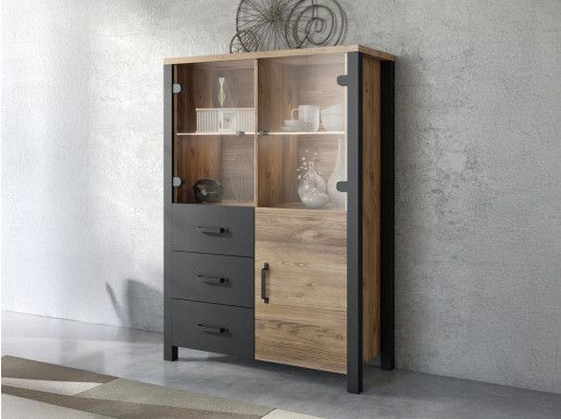 Hoge commode OLIANNE 3 deuren 3 lades appenzeller sparren/zwart