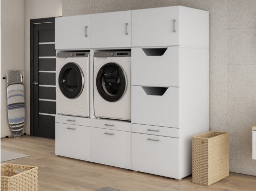 Kast WASHING 2 machines naast elkaar met kast voor wasgoed wit met 3 opzekasten