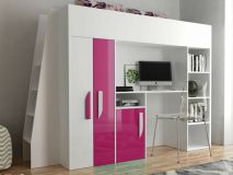 Samengesteld bed PARADISIO 90x200 cm wit/hoogglans roze met ladder aan de linkerzijde