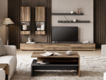 Tv-meubel set BABEL 5 deuren walnoot/grijs eik met led met salontafel