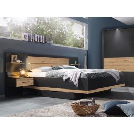 innovatie Tonen Remmen Bed en nachtkastjes TONNA 160x200 cm metaalgrijs/wotan eik met lades