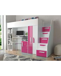 Samengesteld bed PARADISIO 90x200 cm wit/hoogglans roze met trap aan de rechterzijde