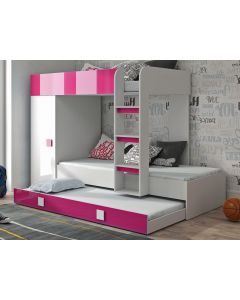Stapelbed TOMORROW 90x200 cm wit/hoogglans roze met kledingkast aan de linkerzijde