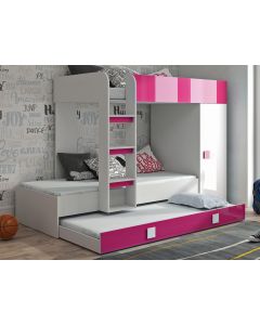 Stapelbed TOMORROW 90x200 cm wit/hoogglans roze met kledingkast aan de rechterzijde