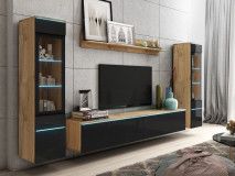Tv-meubel set VITTORIO 6 deuren eik wotan/hoogglans zwart met verlichting