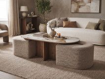 Salontafel EVORYA 120 cm wit marmer/hout met 2 poefs
