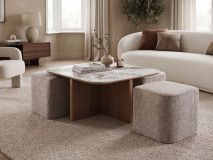 Salontafel EVORYA met 4 poefs wit marmer/hout