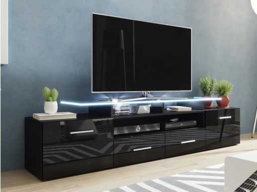 Tv-meubel EVA 2 deuren 2 lades zwart/hoogglans zwart met led