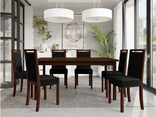 Eettafel ALF 160>200 cm bruin met 6 stoelen en zwarte kussens 