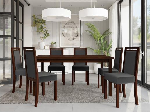 Eettafel ALF 160>200 cm bruin met 6 stoelen en grijze kussens
