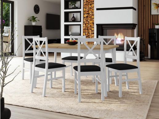 Eettafel ALONSO 140>180 cm wit met 6 stoelen en zwarte kussens