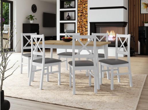Eettafel ALONSO 140>180 cm wit met 6 stoelen en grijze kussens 