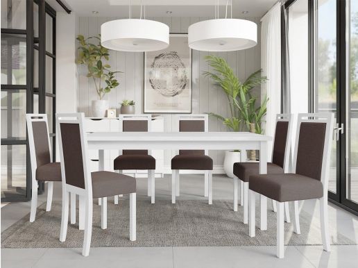 Eettafel ALOAPA 160>200 cm wit met 6 stoelen en grijze kussens